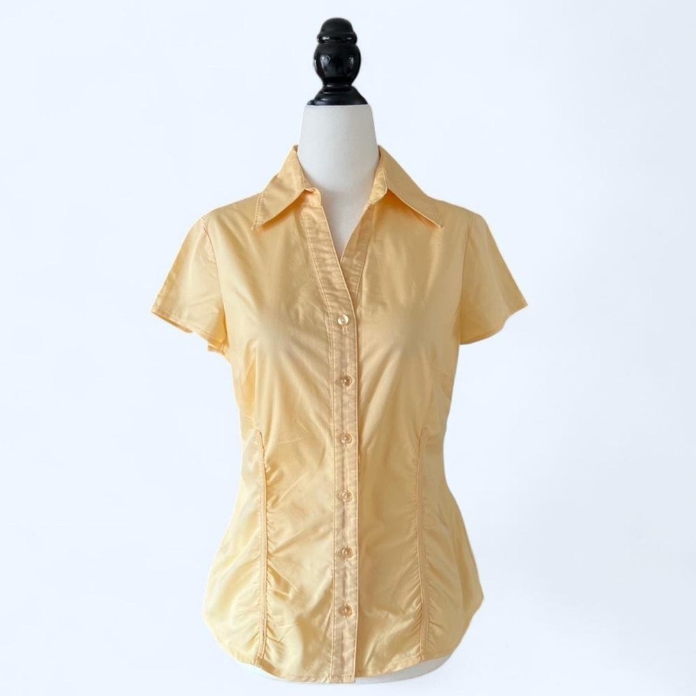 Cleo Butter Yellow Ruched Button Blouse Office Siren Preppy Top S